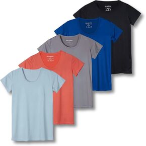 Real Essentials 5 Pack: Women's Dry Fit Tech Stretch Short-Sleeve Crew Neck Athletic T-Shirt (Available in Plus Size)