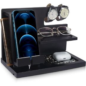 Gifts for Men Wood Phone Docking Station,Nightstand Organizer Desk Accessories,Key Holder Watch Organizer,Gift for Dad Birthday,Mens Gift in Anniversary Christmas Easter Halloween,Black