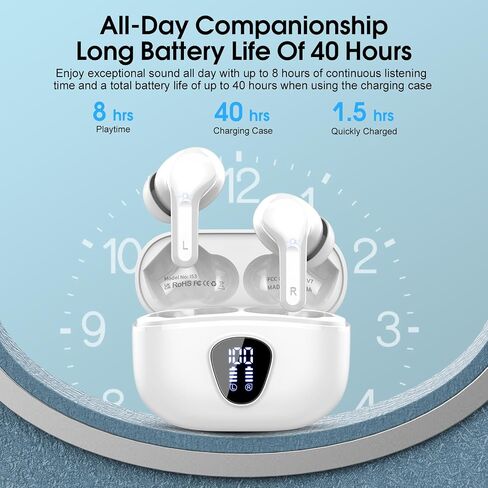سماعات أذن لاسلكية، سماعات بلوتوث 5.3 هاي فاي ستيريو، سماعات أذن بلوتوث مع ميكروفون إلغاء الضوضاء ENC، سماعات أذن مقاومة للماء IP7، 48 ساعة، سماعات أذن بشاشة LED لهواتف الوسادة وممارسة الرياضة، أبيض in Saudi Arabia