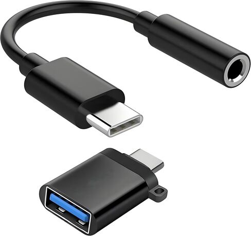 USB-C to 3.5mm Audio and USB-A Adapter Cables, 2 Pack, Black and Gold (Black Adapter+Black Stick) in Saudi Arabia
