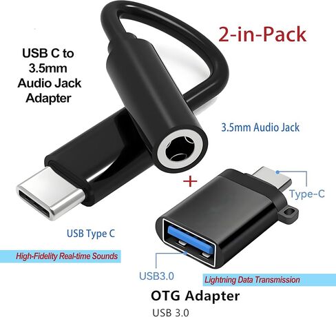 USB-C to 3.5mm Audio and USB-A Adapter Cables, 2 Pack, Black and Gold (Black Adapter+Black Stick) in Saudi Arabia