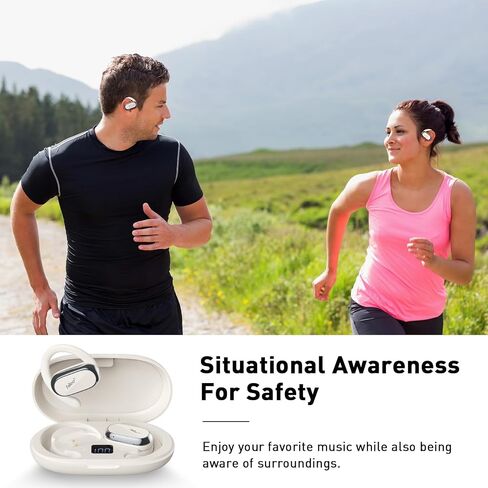 Open Ear Headphones & Earbuds, Open-Ear Design, Long-Lasting Battery (48 Hrs), LED Display, Bluetooth 5.3, Hi-Fidelity Sound, Ear Hooks, Sweat Resistant, Adjustable - White in Saudi Arabia