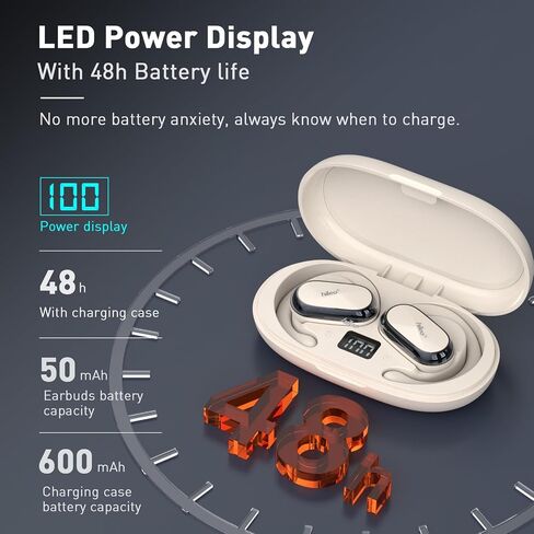 Open Ear Headphones & Earbuds, Open-Ear Design, Long-Lasting Battery (48 Hrs), LED Display, Bluetooth 5.3, Hi-Fidelity Sound, Ear Hooks, Sweat Resistant, Adjustable - White in Saudi Arabia