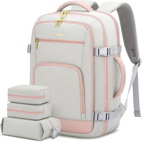 LOVEVOOK Travel Backpack for Women, 40L Carry On Backpack Flight Approved, TSA Personal Item Travel Bag Fits 17 Inch Laptop, Business Weekender Overnight Waterproof Daypack with 2 Cubes, Grey-Pink in Saudi Arabia