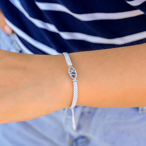 J.Endéar Cross Bracelet for Women, Dainty 925 Sterling Silver Handmade String Rope Braided Jewelry Adjustable, Faith Cross Christian Religious Confirmation Baptism Gifts for Girls Boys in Saudi Arabia