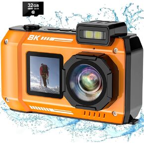 8K UHD Underwater Camera 33FT Autofocus 70MP Rugged Dustproof Shockproof Digital Camera Waterproof Camera Dual-Screen Selfie Underwater Photograph Camera with 32GB Card, Orange