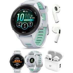 حزمة الساعة الذكية Garmin Forerunner 265S (وردي فاتح/حجر أبيض) تعمل بنظام تحديد المواقع العالمي (GPS) - شاشة AMOLED ساطعة، تدريب متقدم، رؤى الاسترداد - تتضمن سماعات أذن PB اللاسلكية للجري in Kuwait