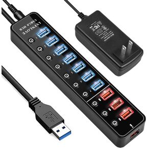 Powered USB Hub,11 Port 48W Data Charging Hub with 7 USB 3.0 Ports and 4 Smart Charging Ports,USB 3.0 Splitter with On/Off Switches for Laptop,PC, Computer,TV, HDD, Flash Drive and More