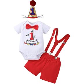 Baby Boy 1st Birthday Outfits Short Sleeve Bow Tie Romper Pants Set Suspender with Hat One Year Old Clothes