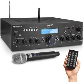 Pyle Wireless Microphone Power Amplifier System - 200W Dual Channel Sound Audio Stereo Karaoke Speaker Receiver w/USB, AUX, Microphone in w/Echo, Radio,Home Theater via RCA, Studio Use PDA8BUWM.5