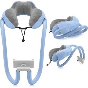 Linkidea Neck Pillow Phone Holder for Bed, 2 in 1 Adjustable Gooseneck Cell Phone Stand with 360 Clip, Flexible Tablet Arm Pillow for Neck, Compatible with Smartphone Size from 4"-10" (Blue)