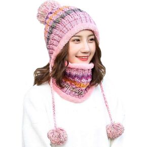 Women Winter Beanie Hat Circle Scarf Set Pompoms Peruvian Ski Snow Ear Flaps Sherpa Knit Hats Fleece Lined,S to M Size Head
