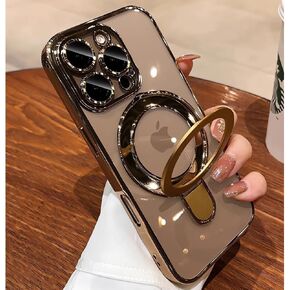 Magnetic Ring Case for iPhone 16 Pro Max Case Kickstand Compatible with MagSafe Built-in Camera Lens Protector Shockproof Phone Case for iPhone 16 ProMax 6.9" - Clear Gold