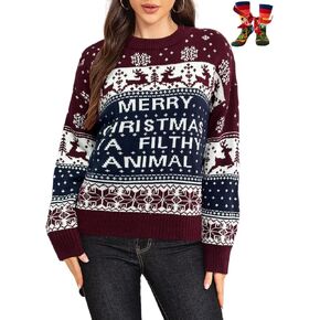 WIPONKEN Ugly Christmas Sweater for Women Funny Crewneck Knit Christmas Sweater for Family Pullover Long Sleeve Top