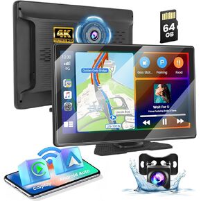 Hikity 10.1'' Wireless Apple Carplay with 4K Dash Cam, ADAS, Portable Wireless Android Auto Car Stereo with WiFi Video, Mirror Link, Split Screen, Dual Bluetooth, FM, AUX, 64G TF Card