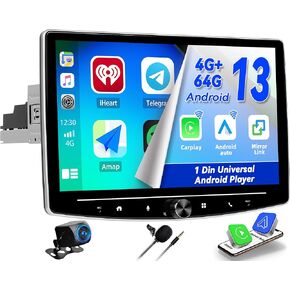 CAMECHO 4+64G Android 13 Single Din Car Stereo Support Carplay & Android Auto, 10.1" 360° Rotated IPS Touch Screen 1 Din Radio with Bluetooth EQ SWC Mirror link WiFi GPS USB FM/RDS Backup Camera + Mic