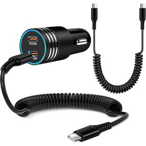 شاحن سيارة سريع 60 وات لهاتف iPhone 15 Pro Max 15 Plus Android Type C ولاعة السجائر مع كابل شحن سريع ملفوف 3ft USB C إلى C لهاتف Samsung S24 A14 A54 S23 S22 S21 S20 A53 A23 A13 A32 in Kuwait