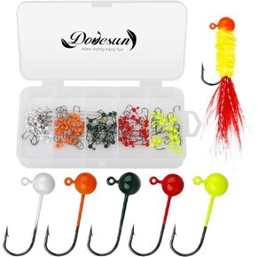 Dovesun 100pcs Fly Tying Jigs Kit, Jig Heads for Fly Fishing 1/124oz 1/80oz 1/64oz 1/32oz 1/16oz Jig Head Small Fly Fishing Hooks DIY Lure Making Kit Suit for Tying Flies | Crappie Lures