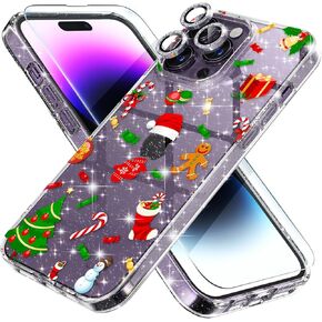 Choiche for Christmas iPhone 14 Pro Max Case Cute, Women Clear Glitter Bling Sparkly Case, [3xDiamond Camera Lens Protectors] [2xTempered Glass Screen Protectors] 6.7-inch (Glitter Christmas Tree)