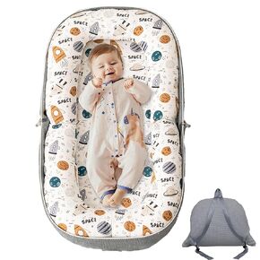 Baby Lounger, Foldable Infant Nest Pillow with Soft Memory Foam Mat, Cover with Adorable Pattern, Converts to Backpack for Easy Travel, 0-12 Months, Rocket