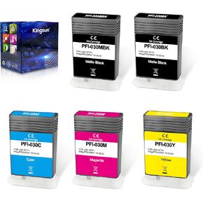 PFI-030 Ink Cartridge Set PFI030 Ink Tank 55ml Pigment Compatible with Canon imagePROGRAF TA-20 TA-30 (5-Pack, PFI-030MBK,PFI-030BK,PFI-030C,PFI-030M,PFI-030Y)