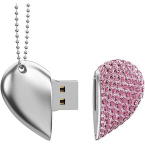 RAOYI 64GB Heart Shape USB 2.0 Flash Drive Crystal Memory Stick Thumb Drive Pen Drive Jump Drive Jewelry Pendant Necklace with Key Chain-Pink