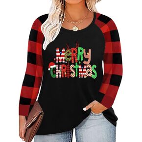 QAUN Plus Size Christmas Shirts Women Merry Christmas Shirts Christmas Lights Shirt Xmas Long Sleeve Tops