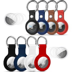 Apple Airtag 8 Pack - Washable, Stylish 4 Leather & 4 Silicone Premium Holders with Protective Films | AirTag Holder Keychain for Easy Attachment | Airtag Cases for Ultimate Style and Protection
