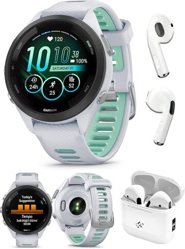 حزمة الساعة الذكية Garmin Forerunner 265S (وردي فاتح/حجر أبيض) تعمل بنظام تحديد المواقع العالمي (GPS) - شاشة AMOLED ساطعة، تدريب متقدم، رؤى الاسترداد - تتضمن سماعات أذن PB اللاسلكية للجري in Kuwait