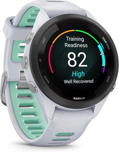 حزمة الساعة الذكية Garmin Forerunner 265S (وردي فاتح/حجر أبيض) تعمل بنظام تحديد المواقع العالمي (GPS) - شاشة AMOLED ساطعة، تدريب متقدم، رؤى الاسترداد - تتضمن سماعات أذن PB اللاسلكية للجري in Kuwait