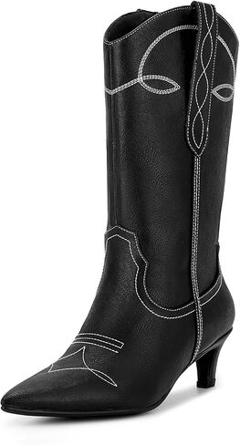 أحذية رعاة البقر الغربية من ويت كيس للنساء أحذية راعية البقر للنساء أحذية مطرزة لمنتصف الساق مع كعب قطط قصير ومقدمة مدببة in Kuwait