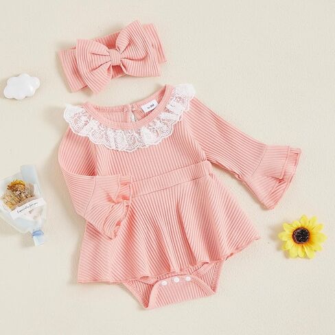 VISGOGO Infant Girl Rompers Dress Lace Ruffles Rib Knit Houndstooth Skirt Hem Jumpsuits Newborn Clothes Bodysuits Headband in Kuwait