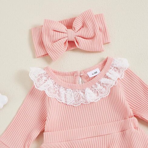 VISGOGO Infant Girl Rompers Dress Lace Ruffles Rib Knit Houndstooth Skirt Hem Jumpsuits Newborn Clothes Bodysuits Headband in Kuwait