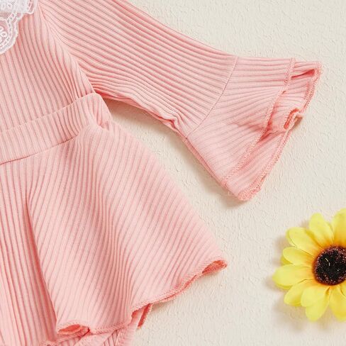 VISGOGO Infant Girl Rompers Dress Lace Ruffles Rib Knit Houndstooth Skirt Hem Jumpsuits Newborn Clothes Bodysuits Headband in Kuwait