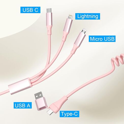 Coiled Multi Charging Cable - 5 in 1 USB C to Multiple Charger Cable Lightning/Type-C/Micro USB Cord, Lightning Port with Data & CarPlay for iPhone 15/14/ 13/12/ 11/ Pro/Pro Max, Android Phone in Saudi Arabia