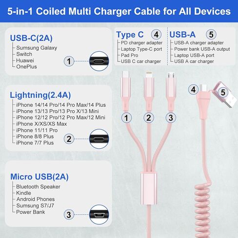 Coiled Multi Charging Cable - 5 in 1 USB C to Multiple Charger Cable Lightning/Type-C/Micro USB Cord, Lightning Port with Data & CarPlay for iPhone 15/14/ 13/12/ 11/ Pro/Pro Max, Android Phone in Saudi Arabia