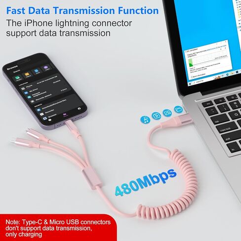 Coiled Multi Charging Cable - 5 in 1 USB C to Multiple Charger Cable Lightning/Type-C/Micro USB Cord, Lightning Port with Data & CarPlay for iPhone 15/14/ 13/12/ 11/ Pro/Pro Max, Android Phone in Saudi Arabia
