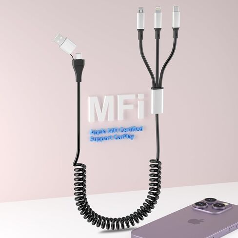 Coiled Multi Charging Cable - 5 in 1 USB C to Multiple Charger Cable Lightning/Type-C/Micro USB Cord, Lightning Port with Data & CarPlay for iPhone 15/14/ 13/12/ 11/ Pro/Pro Max, Android Phone in Kuwait