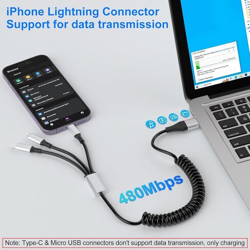 Coiled Multi Charging Cable - 5 in 1 USB C to Multiple Charger Cable Lightning/Type-C/Micro USB Cord, Lightning Port with Data & CarPlay for iPhone 15/14/ 13/12/ 11/ Pro/Pro Max, Android Phone in Kuwait