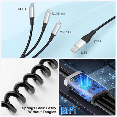 Coiled Multi Charging Cable - 5 in 1 USB C to Multiple Charger Cable Lightning/Type-C/Micro USB Cord, Lightning Port with Data & CarPlay for iPhone 15/14/ 13/12/ 11/ Pro/Pro Max, Android Phone in Kuwait
