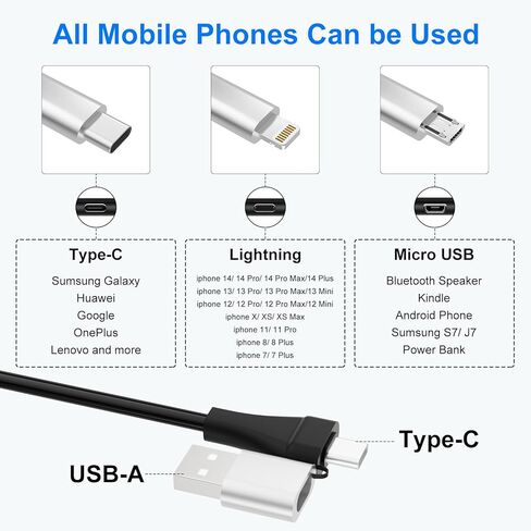 Coiled Multi Charging Cable - 5 in 1 USB C to Multiple Charger Cable Lightning/Type-C/Micro USB Cord, Lightning Port with Data & CarPlay for iPhone 15/14/ 13/12/ 11/ Pro/Pro Max, Android Phone in Kuwait