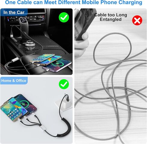 Coiled Multi Charging Cable - 5 in 1 USB C to Multiple Charger Cable Lightning/Type-C/Micro USB Cord, Lightning Port with Data & CarPlay for iPhone 15/14/ 13/12/ 11/ Pro/Pro Max, Android Phone in Kuwait