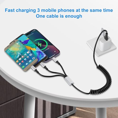 Coiled Multi Charging Cable - 5 in 1 USB C to Multiple Charger Cable Lightning/Type-C/Micro USB Cord, Lightning Port with Data & CarPlay for iPhone 15/14/ 13/12/ 11/ Pro/Pro Max, Android Phone in Kuwait