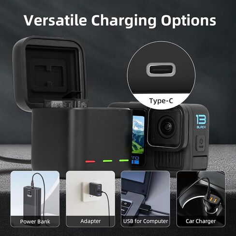 شاحن بطارية AFAITH، شاحن بطاريات إندورو، حافظة شحن ثلاثية الفتحات مع مؤشر طاقة ذكي لـ GoPro Hero 13 أسود، تخزين البطاريات وبطاقات TF بحجم الجيب المحمول in Saudi Arabia