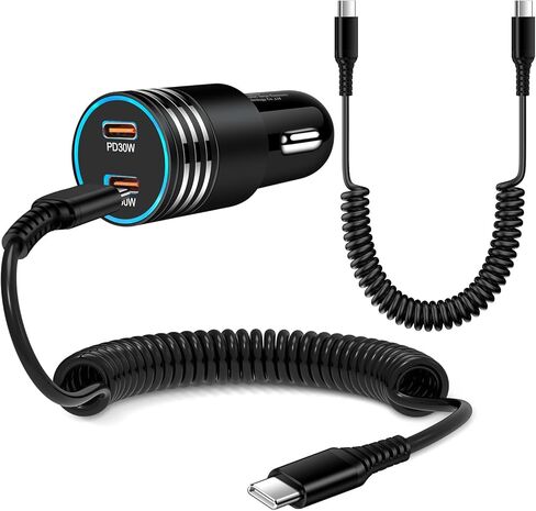 شاحن سيارة سريع 60 وات لهاتف iPhone 15 Pro Max 15 Plus Android Type C ولاعة السجائر مع كابل شحن سريع ملفوف 3ft USB C إلى C لهاتف Samsung S24 A14 A54 S23 S22 S21 S20 A53 A23 A13 A32 in Kuwait