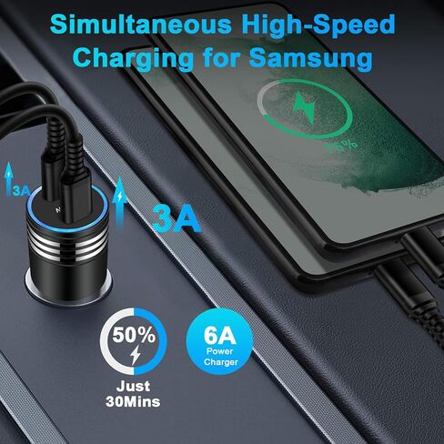 شاحن سيارة سريع 60 وات لهاتف iPhone 15 Pro Max 15 Plus Android Type C ولاعة السجائر مع كابل شحن سريع ملفوف 3ft USB C إلى C لهاتف Samsung S24 A14 A54 S23 S22 S21 S20 A53 A23 A13 A32 in Kuwait