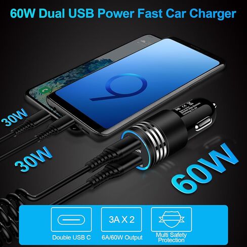 شاحن سيارة سريع 60 وات لهاتف iPhone 15 Pro Max 15 Plus Android Type C ولاعة السجائر مع كابل شحن سريع ملفوف 3ft USB C إلى C لهاتف Samsung S24 A14 A54 S23 S22 S21 S20 A53 A23 A13 A32 in Kuwait