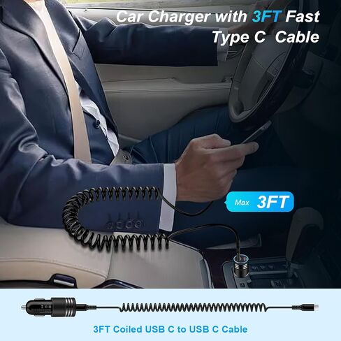 شاحن سيارة سريع 60 وات لهاتف iPhone 15 Pro Max 15 Plus Android Type C ولاعة السجائر مع كابل شحن سريع ملفوف 3ft USB C إلى C لهاتف Samsung S24 A14 A54 S23 S22 S21 S20 A53 A23 A13 A32 in Kuwait
