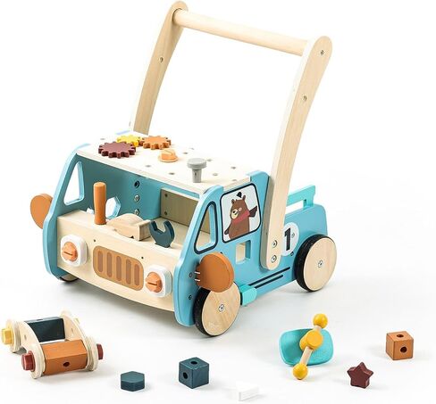 Adjustable Height & Speed Wooden Baby Walker with Tool Bench and Toy Storage Wagon - Multifunctional Toddler Push Walker Ergonomically Designed for Natural Walking - 3+ Years of Continuous Use(Red) in Saudi Arabia
