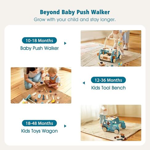 Adjustable Height & Speed Wooden Baby Walker with Tool Bench and Toy Storage Wagon - Multifunctional Toddler Push Walker Ergonomically Designed for Natural Walking - 3+ Years of Continuous Use(Red) in Saudi Arabia